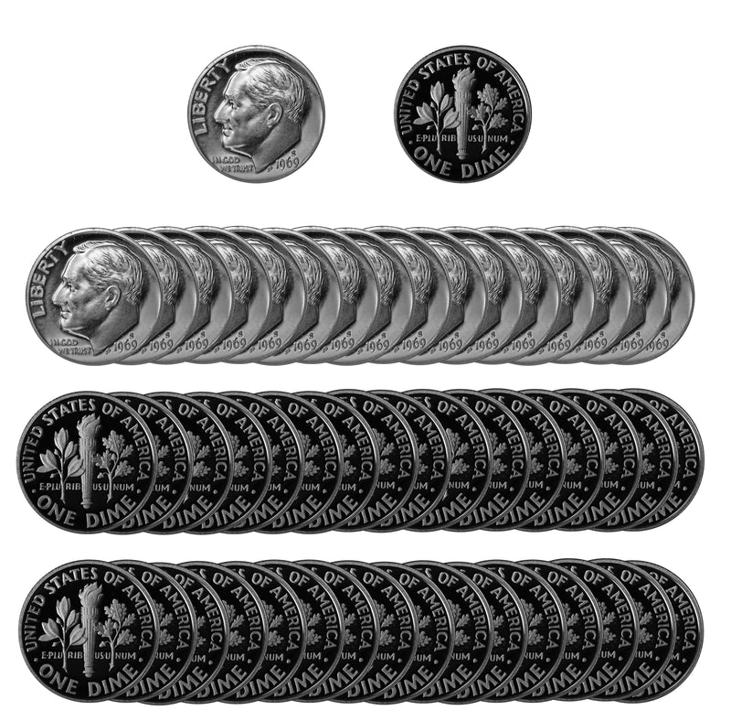 1969 S Roosevelt Dime Gem Proof CN-Clad Roll (50 Coins)