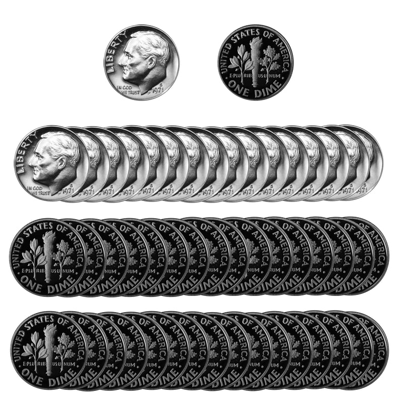 1971 S Roosevelt Dime Gem Proof CN-Clad Roll (50 Coins)