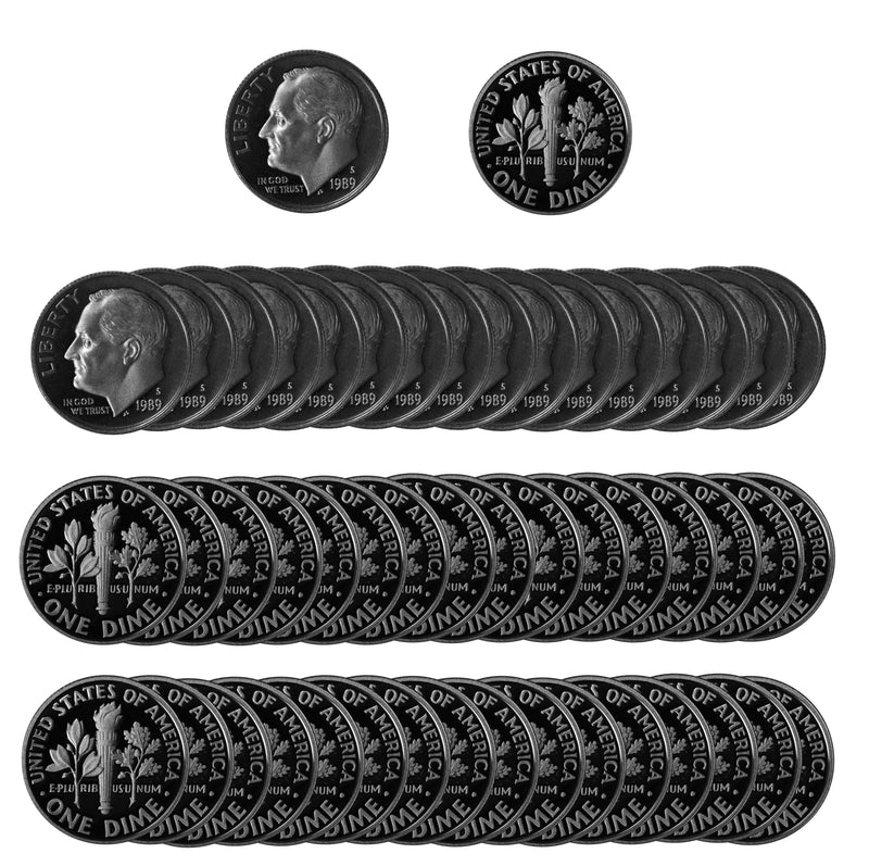 1989 S Roosevelt Dime Gem Deep Cameo Proof CN-Clad Roll (50 Coins)