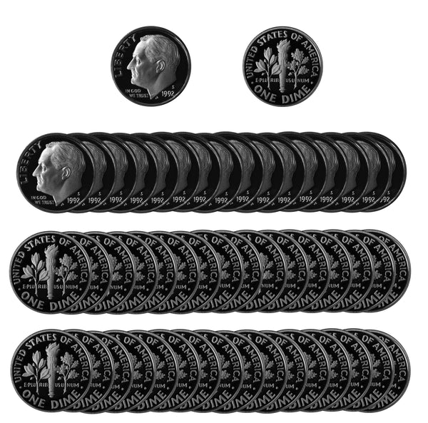 1992 S Roosevelt Dime Gem Deep Cameo Proof CN-Clad Roll (50 Coins)