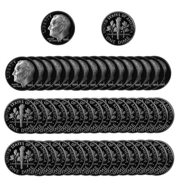 1996 S Roosevelt Dime Gem Deep Cameo Proof CN-Clad Roll (50 Coins)