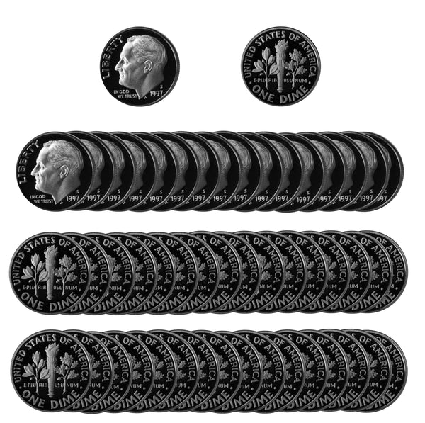 1997 S Roosevelt Dime Gem Deep Cameo Proof CN-Clad Roll (50 Coins)