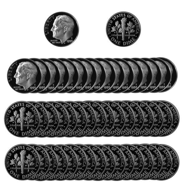 1998 S Roosevelt Dime Gem Deep Cameo Proof CN-Clad Roll (50 Coins)