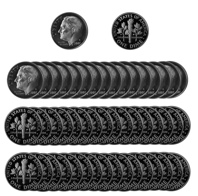 2001 S Roosevelt Dime Gem Deep Cameo Proof CN-Clad Roll (50 Coins)