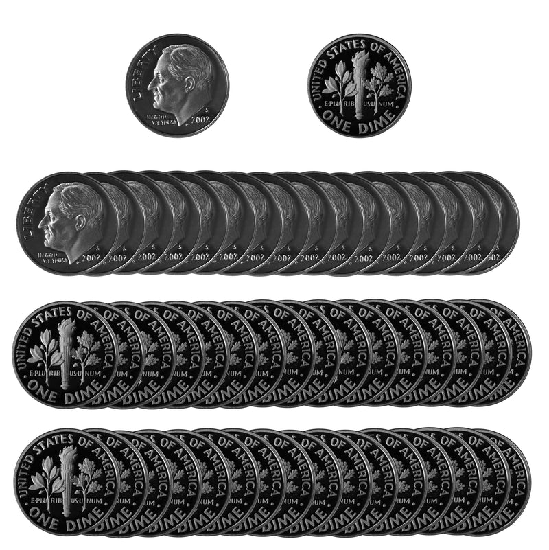 2002 S Roosevelt Dime Gem Deep Cameo Proof CN-Clad Roll (50 Coins)