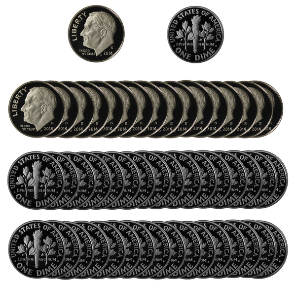 2014 S Roosevelt Dime Gem Deep Cameo Proof CN-Clad Roll (50 Coins)