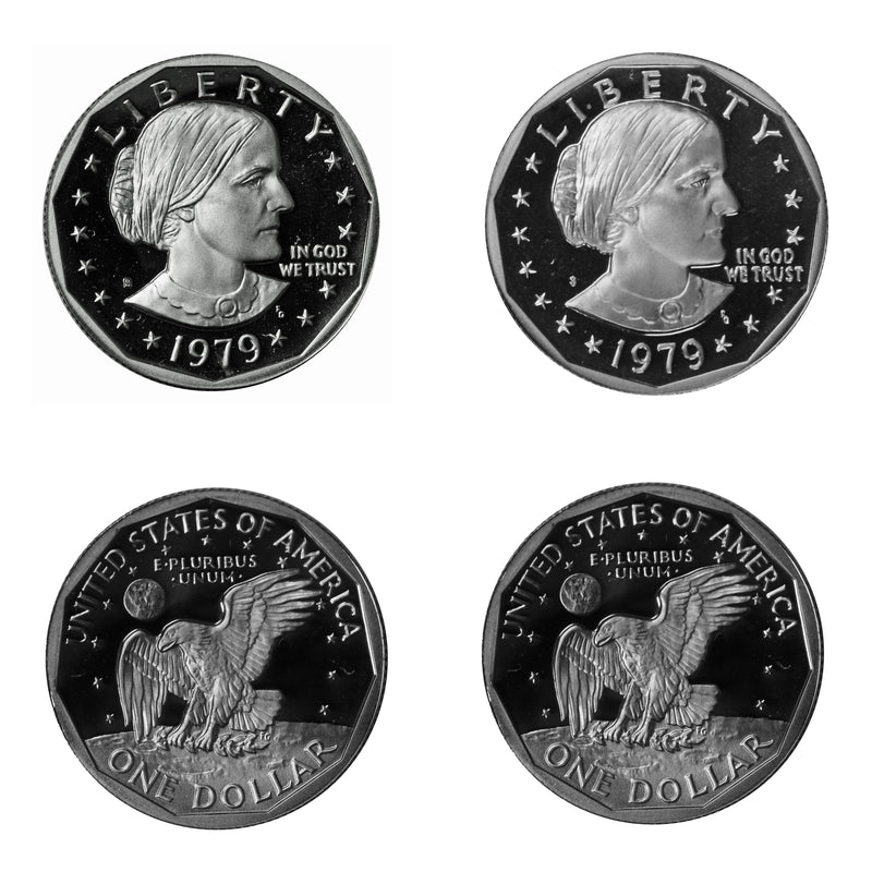 1979 S Susan B Anthony Dollar Choice Cameo Proof 2 Coin Set Type 1 & 2 CN-Clad