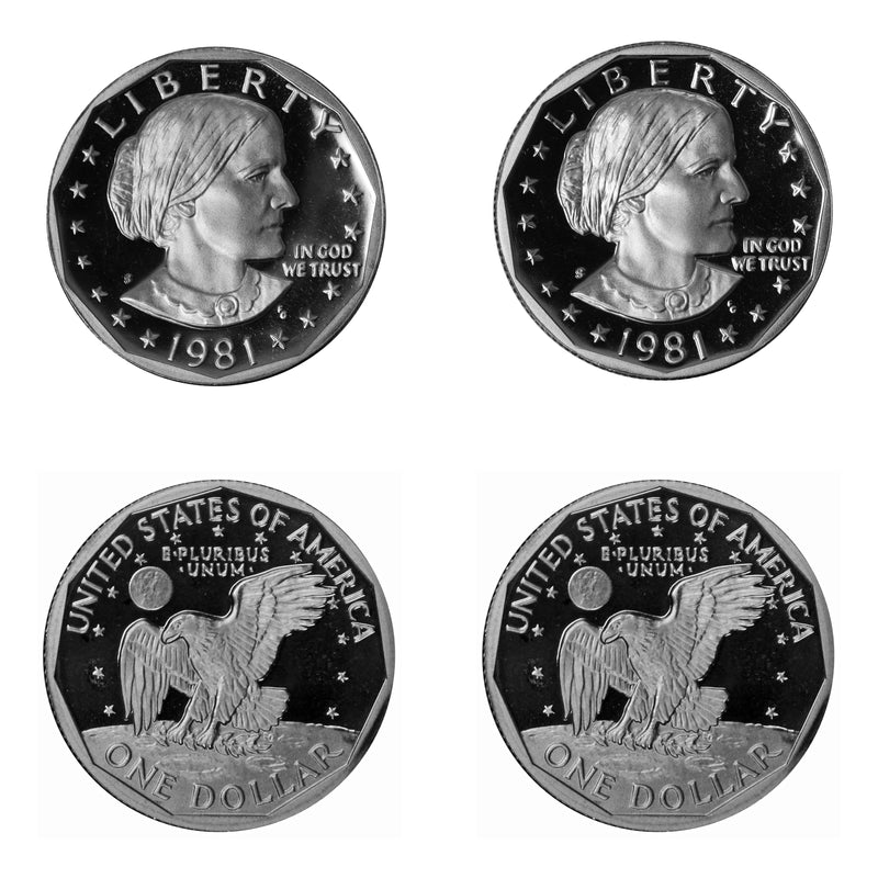 1981 S Susan B Anthony Dollar Choice Cameo Proof 2 Coin Set Type 1 & 2 CN-Clad