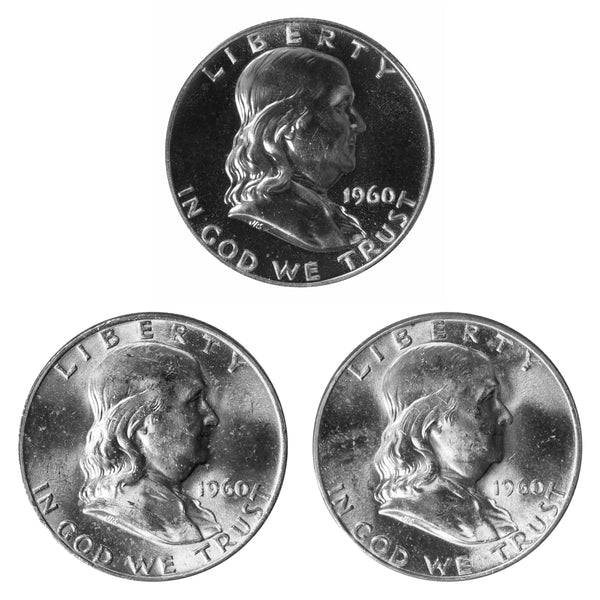 1960 P P D Franklin Half Dollar 50c Year set Proof & BU US 3 Coin lot