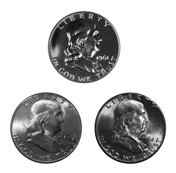 1961 P P D Franklin Half Dollar 50c Year set Proof & BU US 3 Coin lot