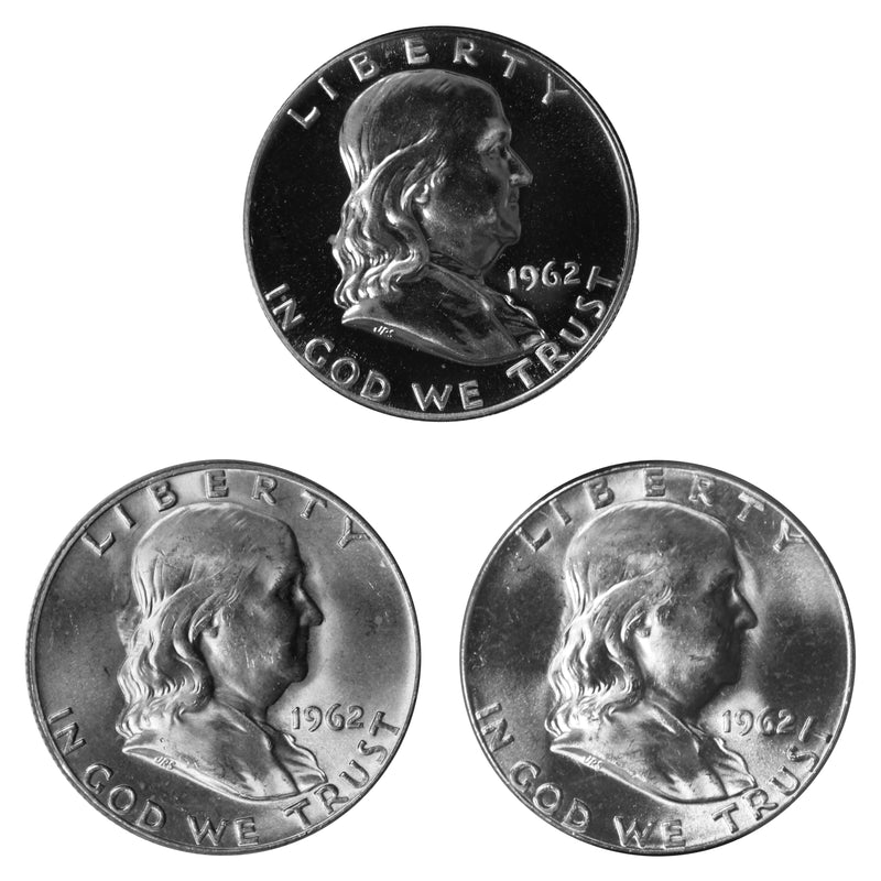 1962 P P D Franklin Half Dollar 50c Year set Proof & BU US 3 Coin lot
