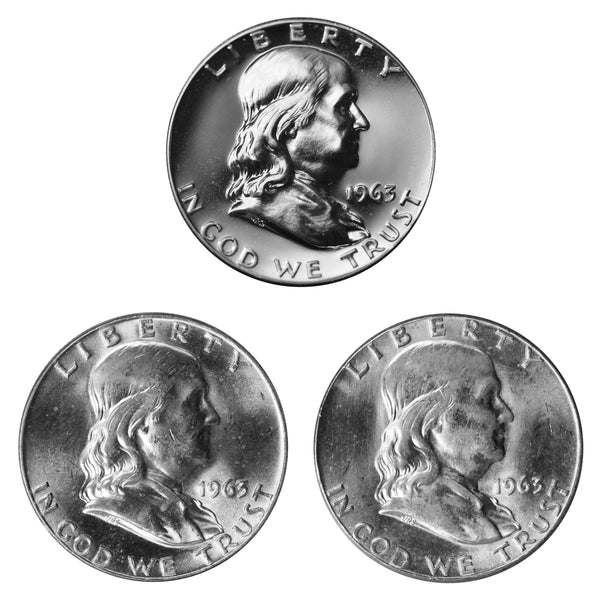 1963 P P D Franklin Half Dollar 50c Year set Proof & BU US 3 Coin lot