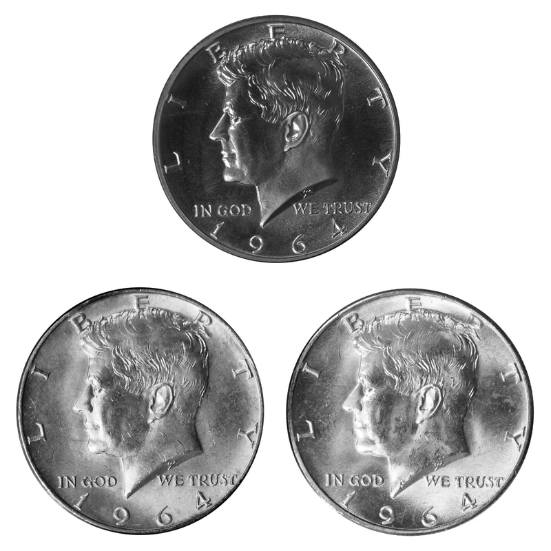 1964 P P D Kennedy Half Dollar 50c Year set Proof & BU US 3 Coin lot