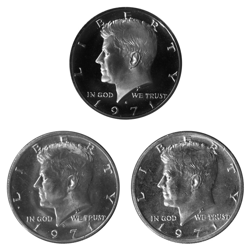 1971 P D S Kennedy Half Dollar 50c Year set Proof & BU US 3 Coin lot