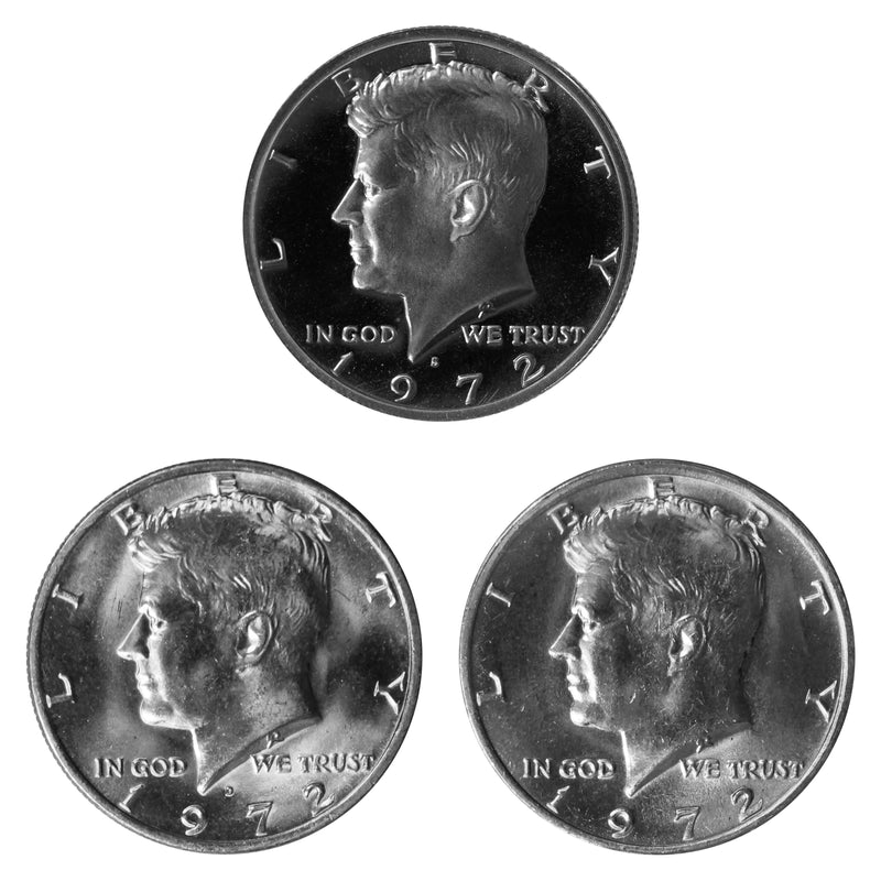 1972 P D S Kennedy Half Dollar 50c Year set Proof & BU US 3 Coin lot
