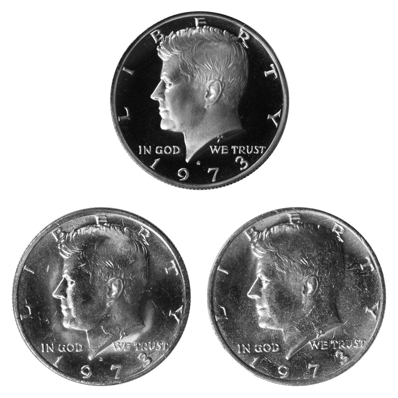 1973 P D S Kennedy Half Dollar 50c Year set Proof & BU US 3 Coin lot