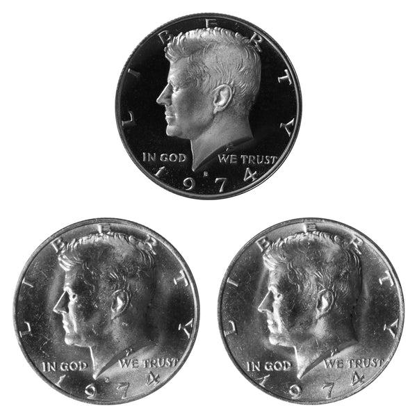 1974 P D S Kennedy Half Dollar 50c Year set Proof & BU US 3 Coin lot