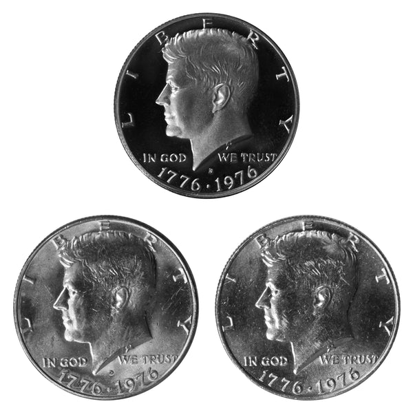 1976 P D S Kennedy Half Dollar 50c Year set Proof & BU US 3 Coin lot