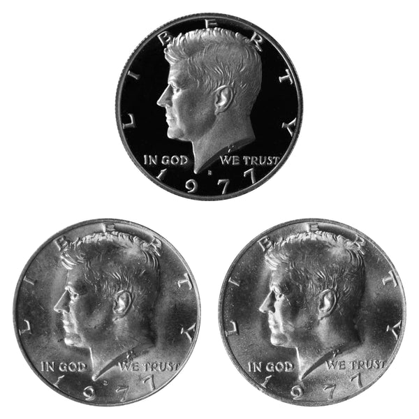 1977 P D S Kennedy Half Dollar 50c Year set Proof & BU US 3 Coin lot