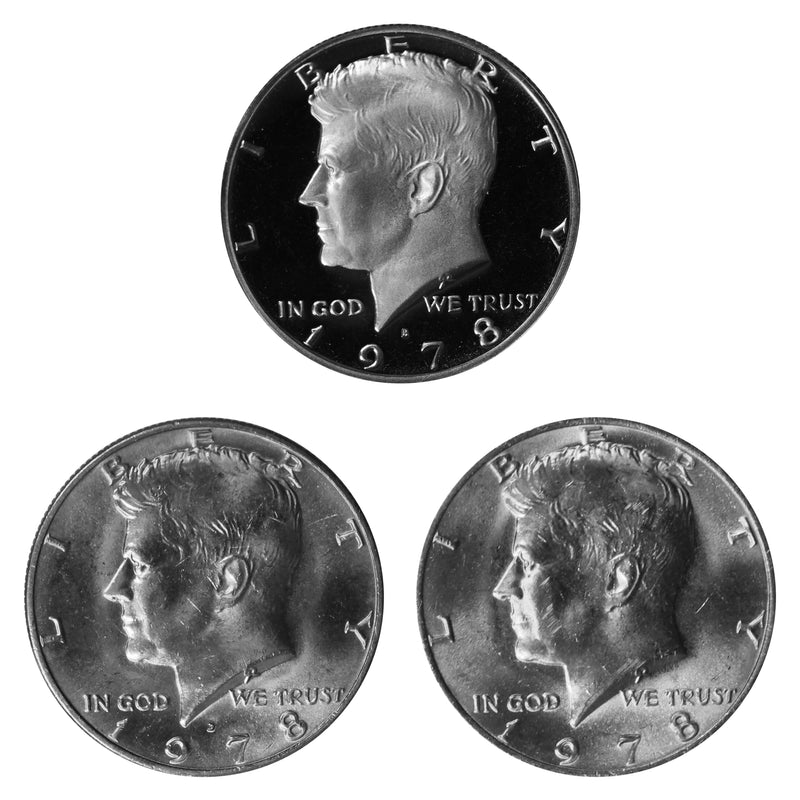 1978 P D S Kennedy Half Dollar 50c Year set Proof & BU US 3 Coin lot