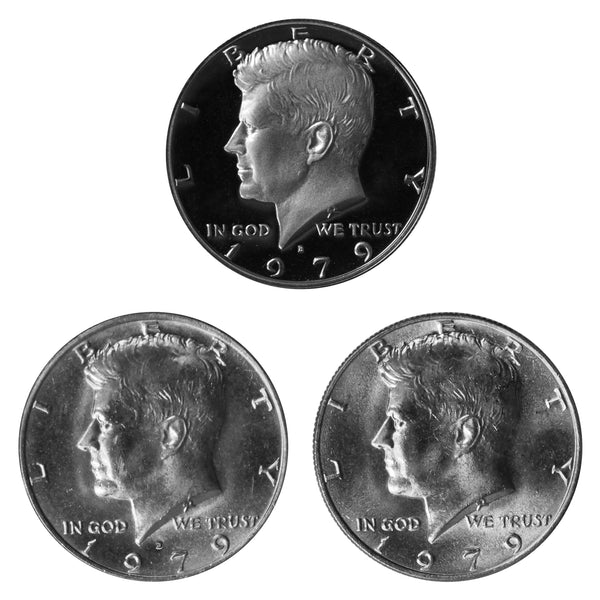 1979 P D S Kennedy Half Dollar 50c Year set Proof & BU US 3 Coin lot