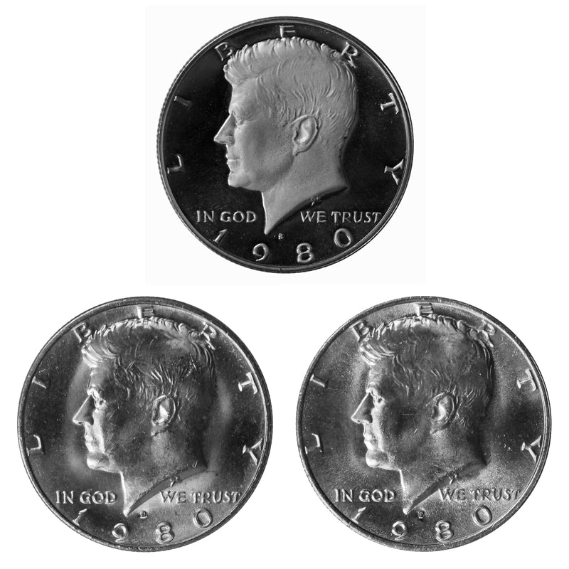 1980 P D S Kennedy Half Dollar 50c Year set Proof & BU US 3 Coin lot