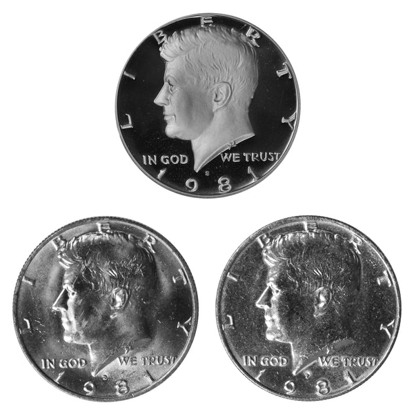 1981 P D S Kennedy Half Dollar 50c Year set Proof & BU US 3 Coin lot