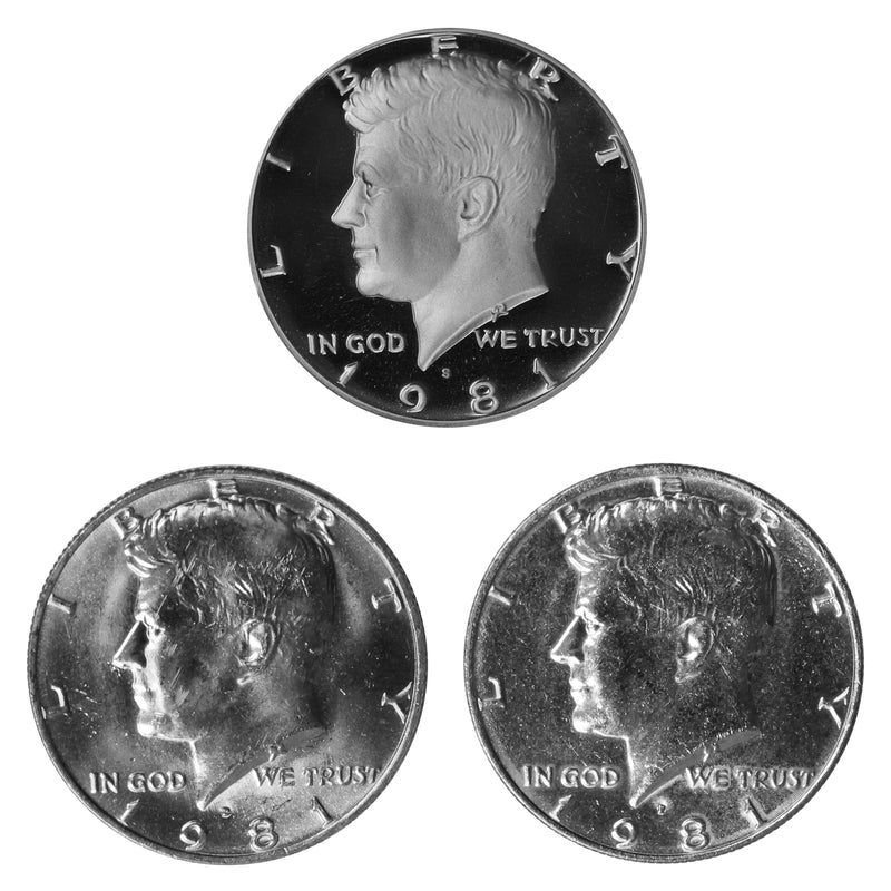 1981 P D S Kennedy Half Dollar 50c Year set Proof & BU US 3 Coin lot