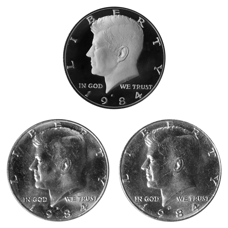 1984 P D S Kennedy Half Dollar 50c Year set Proof & BU US 3 Coin lot