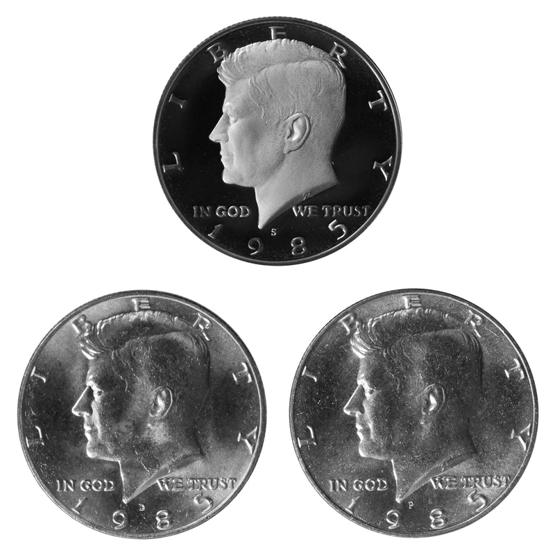1985 P D S Kennedy Half Dollar 50c Year set Proof & BU US 3 Coin lot