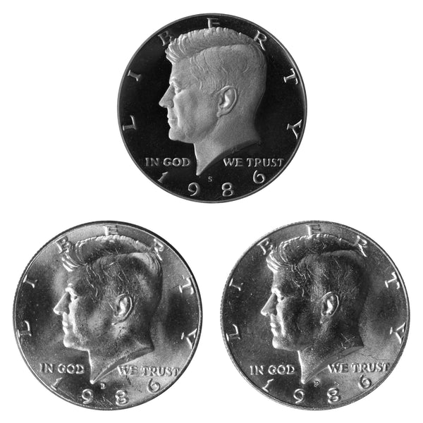 1986 P D S Kennedy Half Dollar 50c Year set Proof & BU US 3 Coin lot