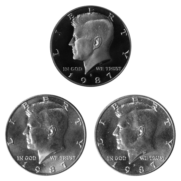 1987 P D S Kennedy Half Dollar 50c Year set Proof & BU US 3 Coin lot
