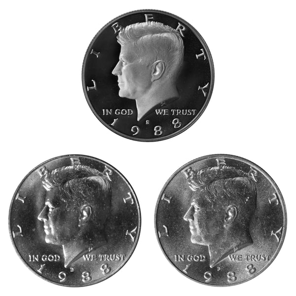 1988 P D S Kennedy Half Dollar 50c Year set Proof & BU US 3 Coin lot