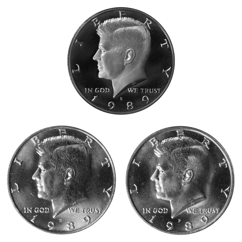 1989 P D S Kennedy Half Dollar 50c Year set Proof & BU US 3 Coin lot