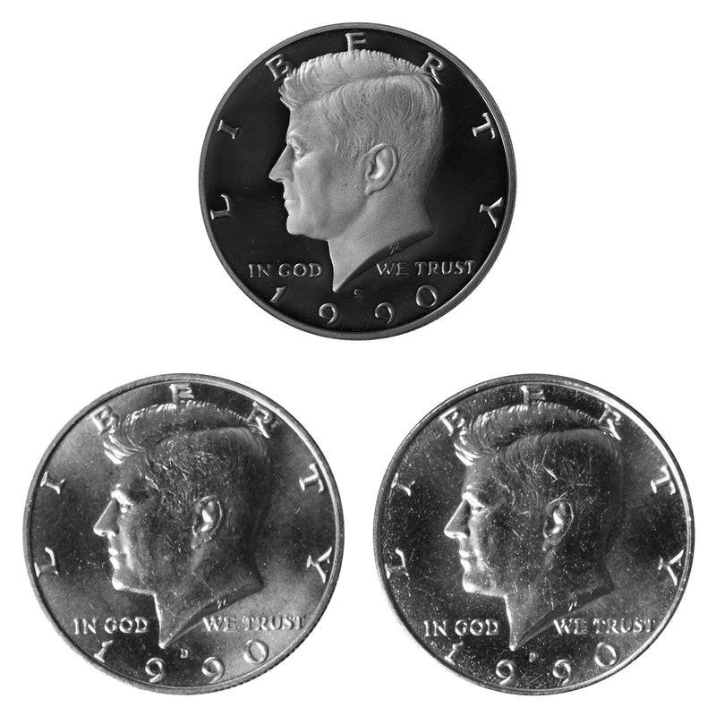 1990 P D S Kennedy Half Dollar 50c Year set Proof & BU US 3 Coin lot
