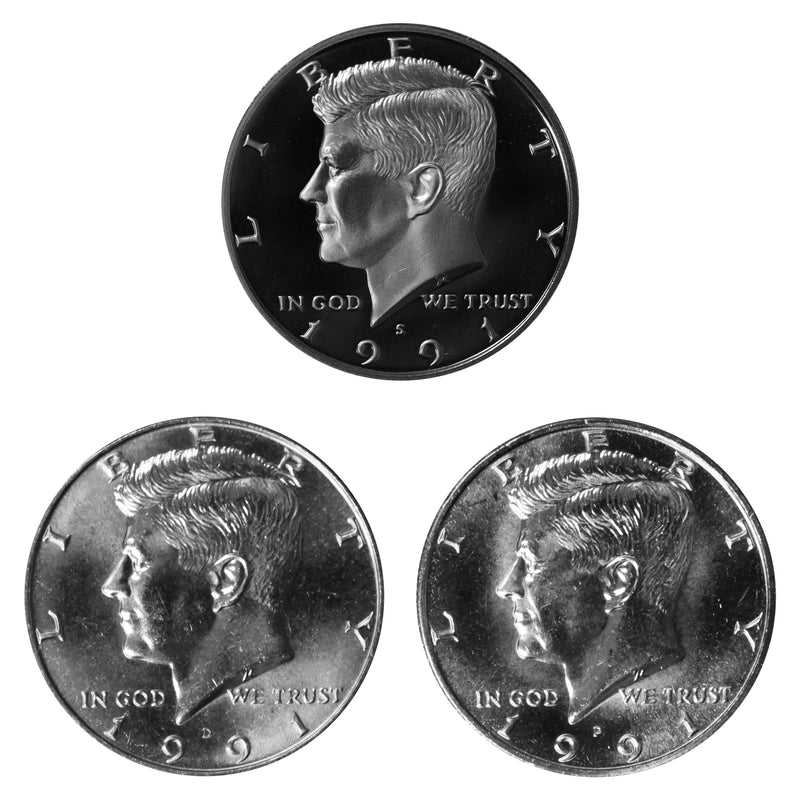 1991 P D S Kennedy Half Dollar 50c Year set Proof & BU US 3 Coin lot
