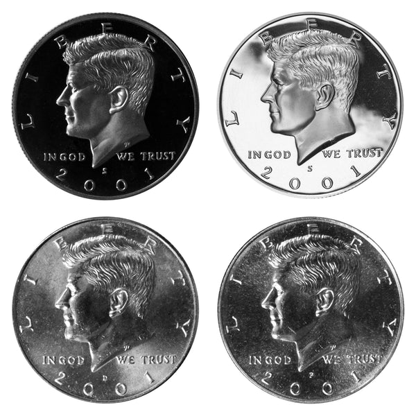 2001 P D S S Kennedy Half Dollar Year set Silver & Clad Proof & BU US 4 Coin lot