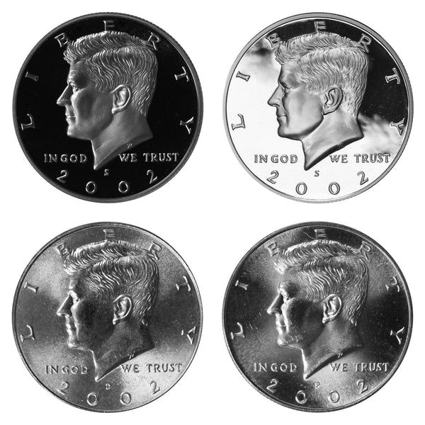 2002 P D S S Kennedy Half Dollar Year set Silver & Clad Proof & BU US 4 Coin lot