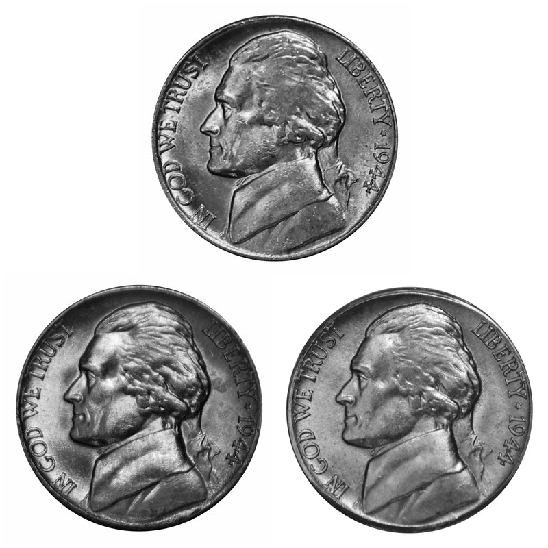 1944 P D S Jefferson Silver War Nickel Year set Choice / Gem BU US 3 Coin lot