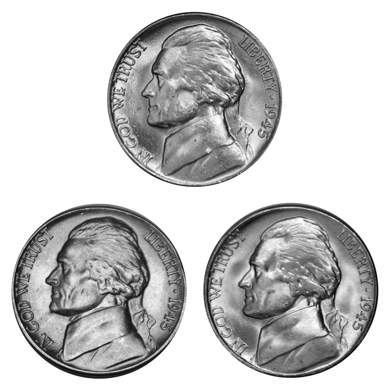 1945 P D S Jefferson Silver War Nickel Year set Choice / Gem BU US 3 Coin lot