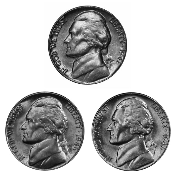 1946 P D S Jefferson Nickel Year set Choice / Gem BU US 3 Coin lot