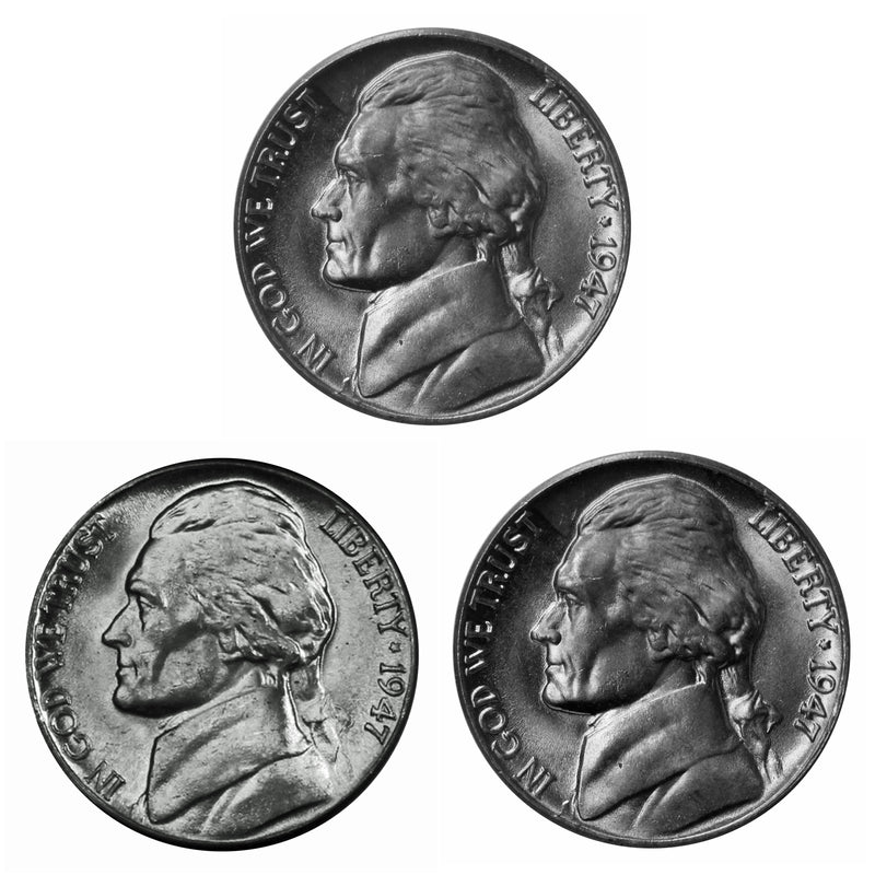 1947 P D S Jefferson Nickel Year set Choice / Gem BU US 3 Coin lot
