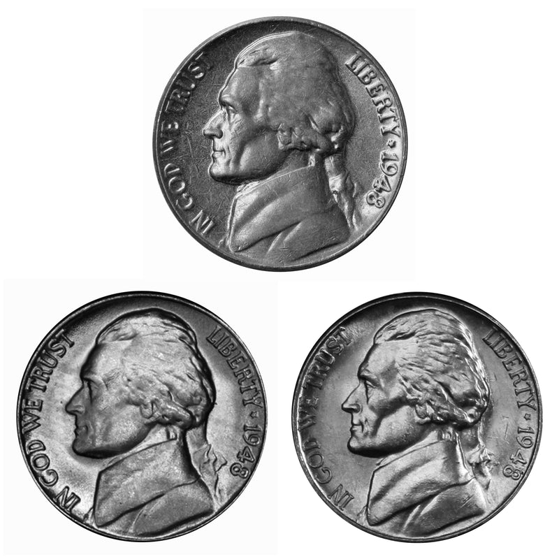 1948 P D S Jefferson Nickel Year set Choice / Gem BU US 3 Coin lot