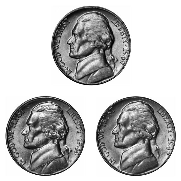 1949 P D S Jefferson Nickel Year set Choice / Gem BU US 3 Coin lot