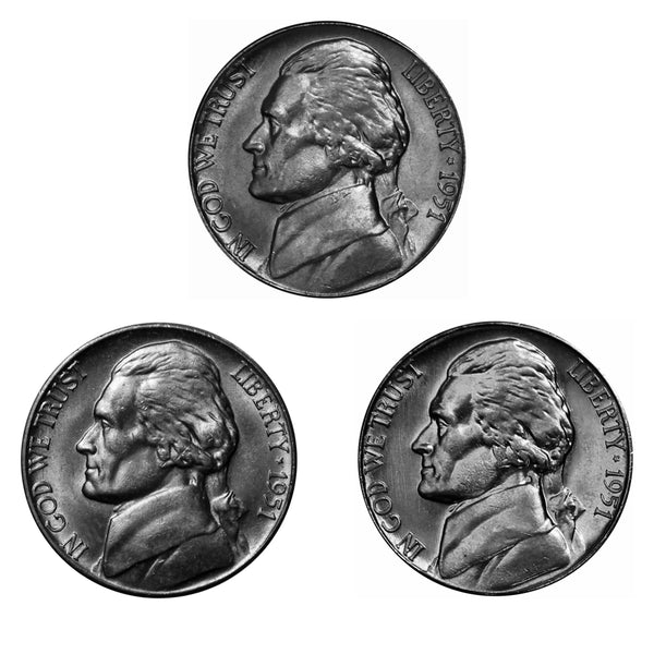1951 P D S Jefferson Nickel Year set Choice / Gem BU US 3 Coin lot