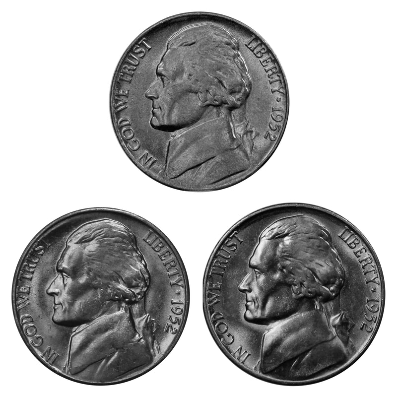 1952 P D S Jefferson Nickel Year set Choice / Gem BU US 3 Coin lot
