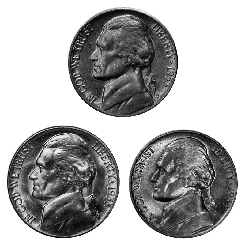 1953 P D S Jefferson Nickel Year set Choice / Gem BU US 3 Coin lot