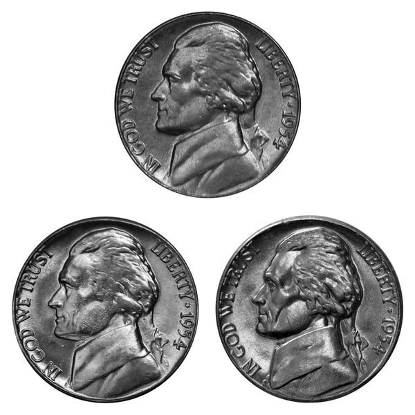 1954 P D S Jefferson Nickel Year set Choice / Gem BU US 3 Coin lot