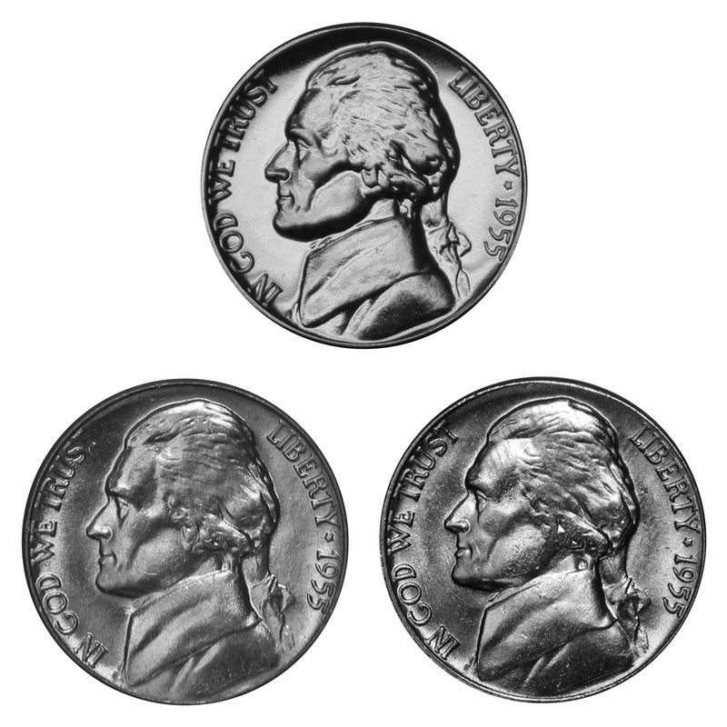 1955 P D S Jefferson Nickel 5c Year set Proof & BU US 3 Coin lot