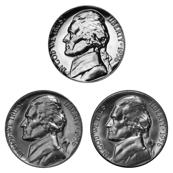 1956 P D S Jefferson Nickel 5c Year set Proof & BU US 3 Coin lot